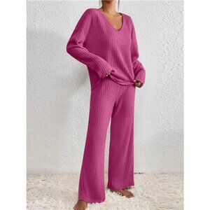 Ribbed Knit V-Neck Top and Pants Set